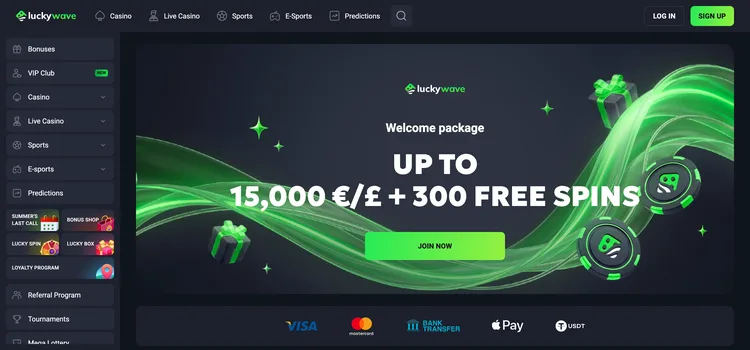 LuckyWave casino welcome package of up to 15,000 €/£ plus 300 free spins